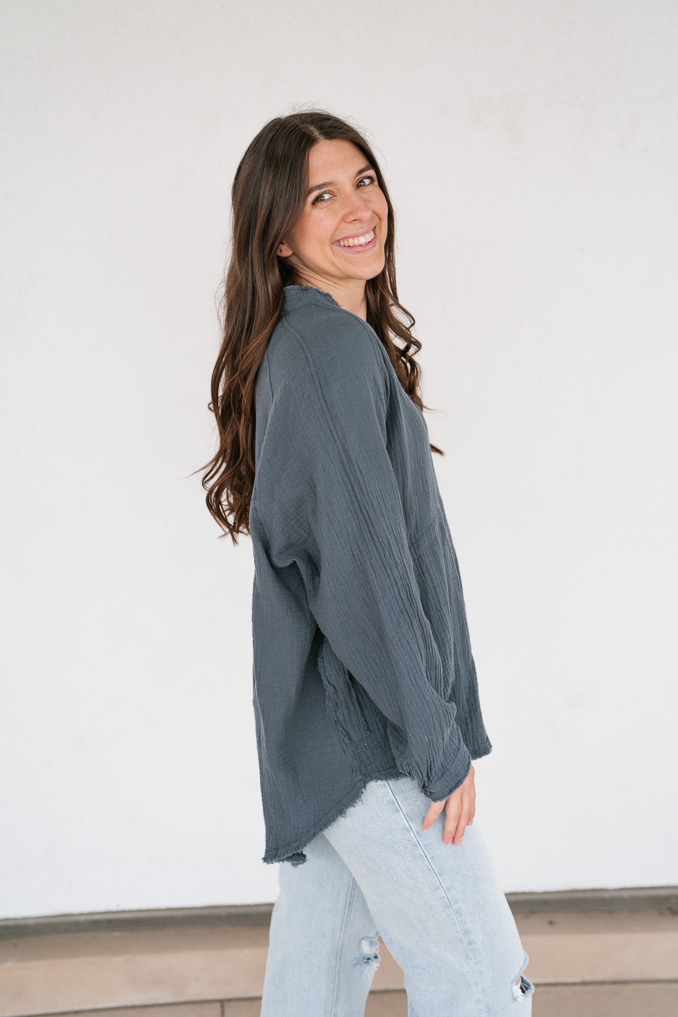 DOORBUSTER: Easy Days Button-Up Top - Dusty Navy