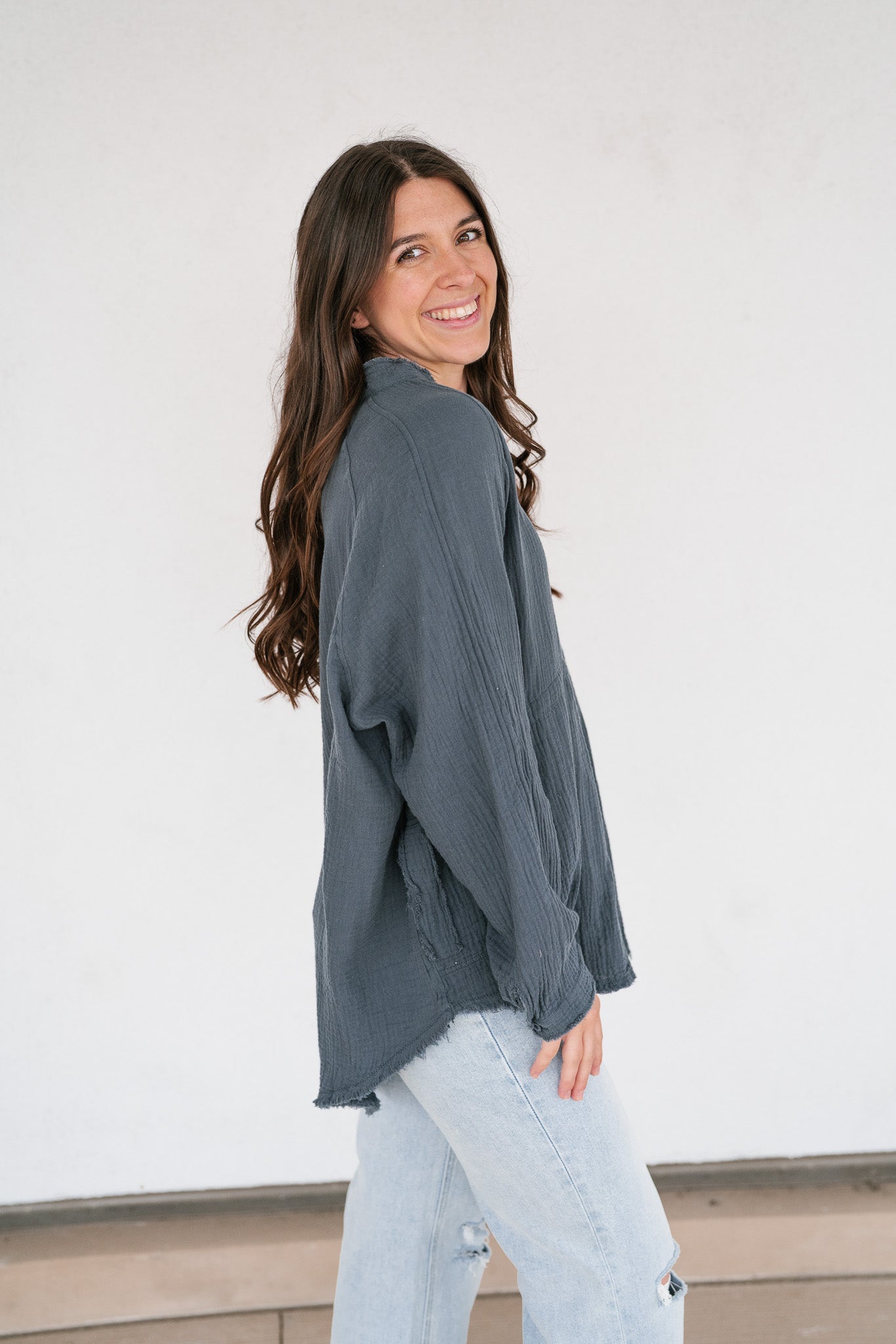 DOORBUSTER: Easy Days Button-Up Top - Dusty Navy
