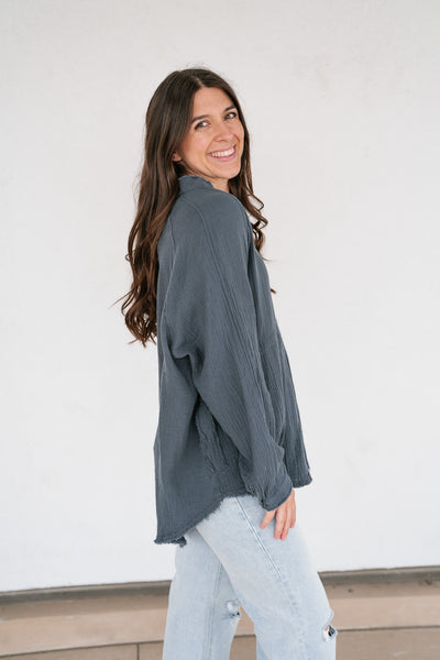 DOORBUSTER: Easy Days Button-Up Top - Dusty Navy