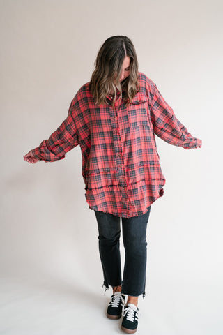 Everyday Plaid Button-Up Oversized Flannel - Faded Red