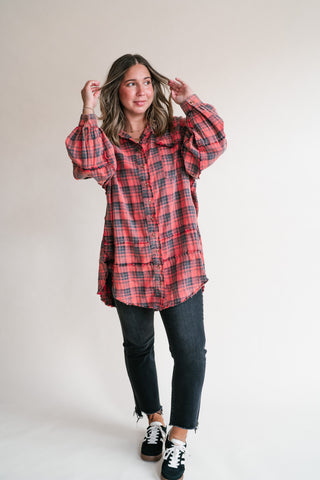 Everyday Plaid Button-Up Oversized Flannel - Faded Red