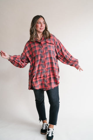 Everyday Plaid Button-Up Oversized Flannel - Faded Red