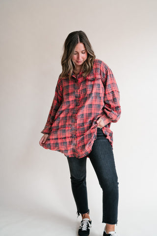 Everyday Plaid Button-Up Oversized Flannel - Faded Red