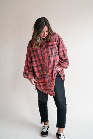 Everyday Plaid Button-Up Oversized Flannel - Faded Red