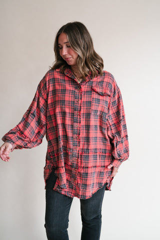 Everyday Plaid Button-Up Oversized Flannel - Faded Red