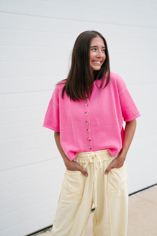 Sweet Pink Button Up Knit Cardigan - Bright Pink