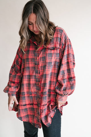 Everyday Plaid Button-Up Oversized Flannel - Faded Red