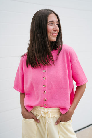 Sweet Pink Button Up Knit Cardigan - Bright Pink