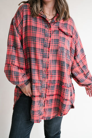 Everyday Plaid Button-Up Oversized Flannel - Faded Red