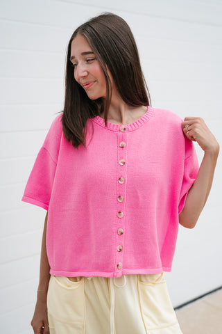 Sweet Pink Button Up Knit Cardigan - Bright Pink