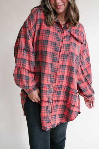 Everyday Plaid Button-Up Oversized Flannel - Faded Red