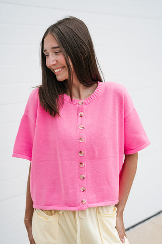 Sweet Pink Button Up Knit Cardigan - Bright Pink