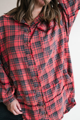 Everyday Plaid Button-Up Oversized Flannel - Faded Red