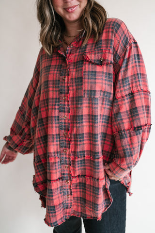 Everyday Plaid Button-Up Oversized Flannel - Faded Red