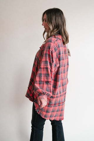 Everyday Plaid Button-Up Oversized Flannel - Faded Red