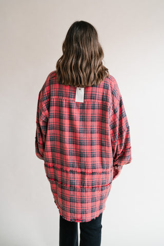Everyday Plaid Button-Up Oversized Flannel - Faded Red