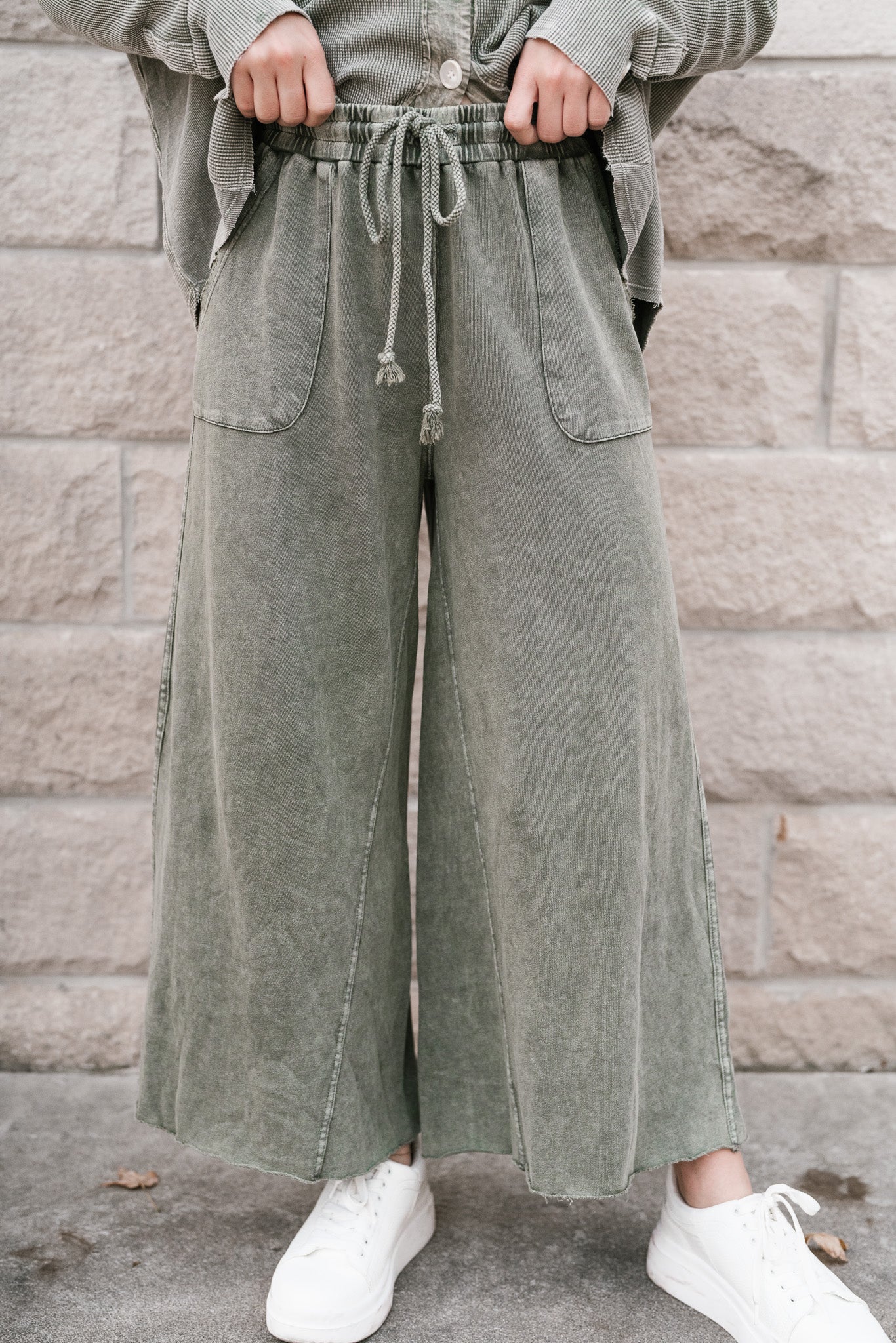 Can't Be Matched Mineral Wash Wide Leg Pants - Olive