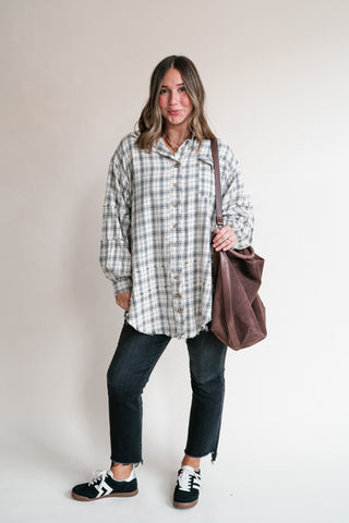 Everyday Plaid Button-Up Oversized Flannel - Natural