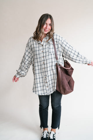 Everyday Plaid Button-Up Oversized Flannel - Natural