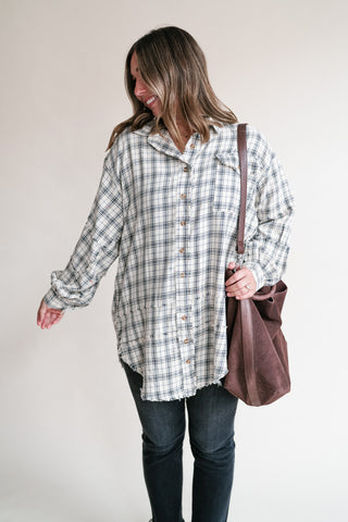 Everyday Plaid Button-Up Oversized Flannel - Natural