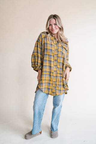 Everyday Plaid Button-Up Oversized Flannel - Marigold