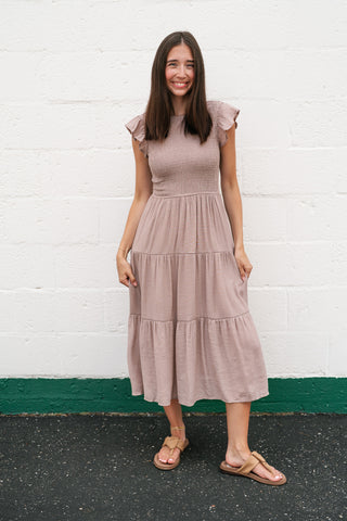 The Willow Smocked Midi Dress - Taupe