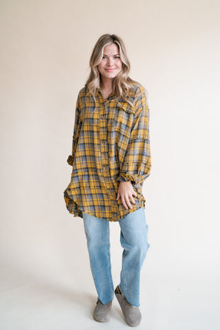 Everyday Plaid Button-Up Oversized Flannel - Marigold