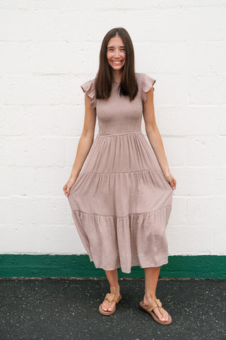 The Willow Smocked Midi Dress - Taupe