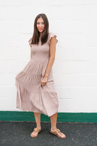 The Willow Smocked Midi Dress - Taupe
