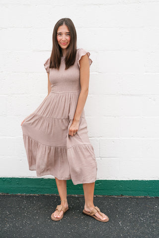 The Willow Smocked Midi Dress - Taupe