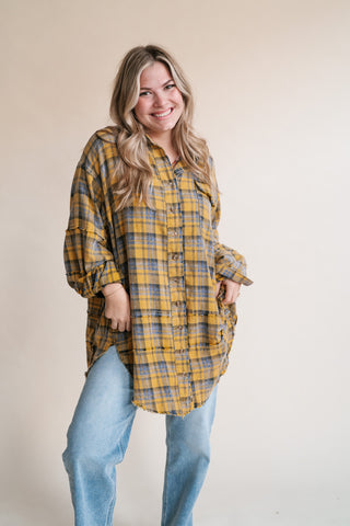 Everyday Plaid Button-Up Oversized Flannel - Marigold