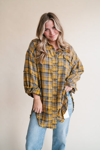 Everyday Plaid Button-Up Oversized Flannel - Marigold