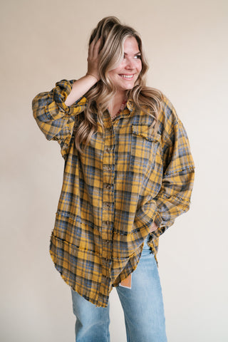 Everyday Plaid Button-Up Oversized Flannel - Marigold