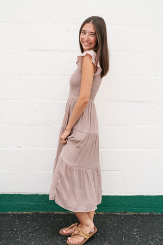 The Willow Smocked Midi Dress - Taupe