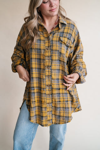 Everyday Plaid Button-Up Oversized Flannel - Marigold