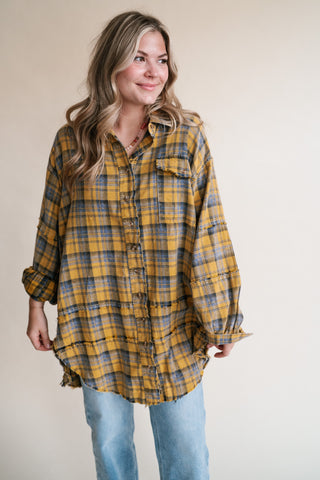 Everyday Plaid Button-Up Oversized Flannel - Marigold
