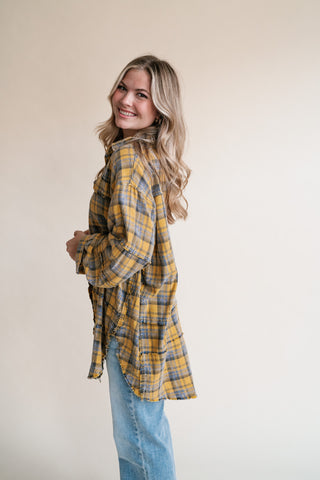 Everyday Plaid Button-Up Oversized Flannel - Marigold