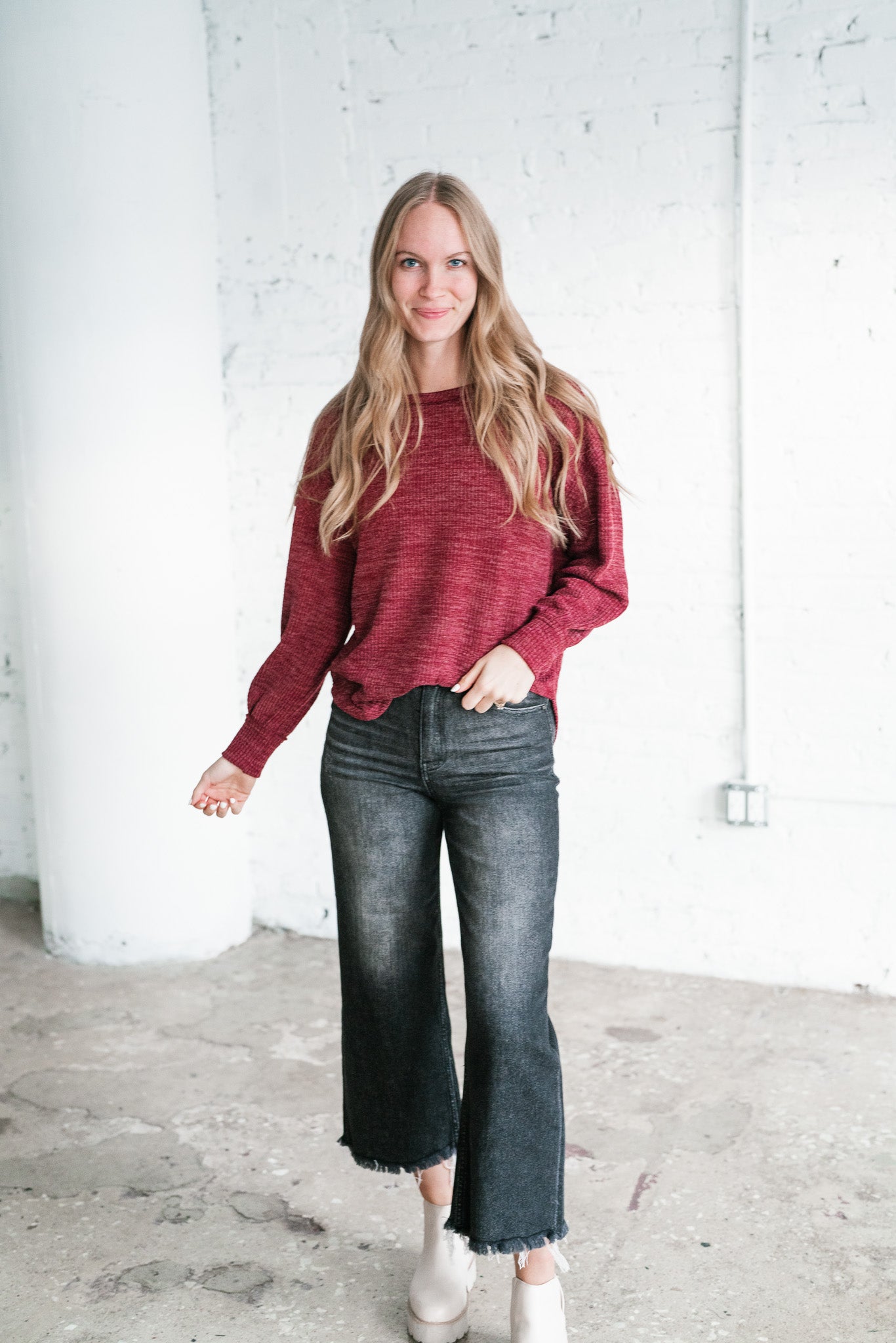 Simply Essential Ribbed Long Sleeve Top - Burgundy