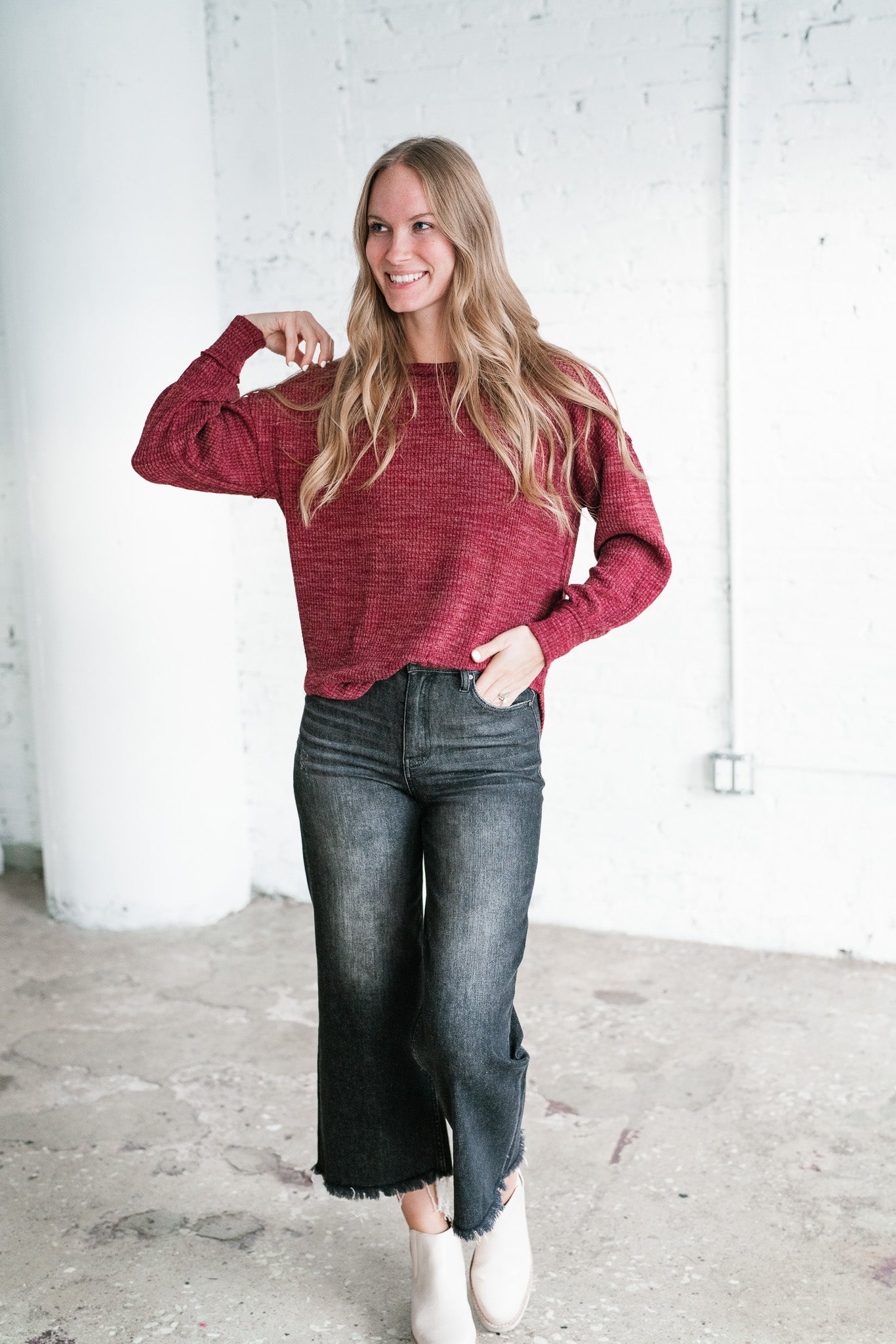 Simply Essential Ribbed Long Sleeve Top - Burgundy