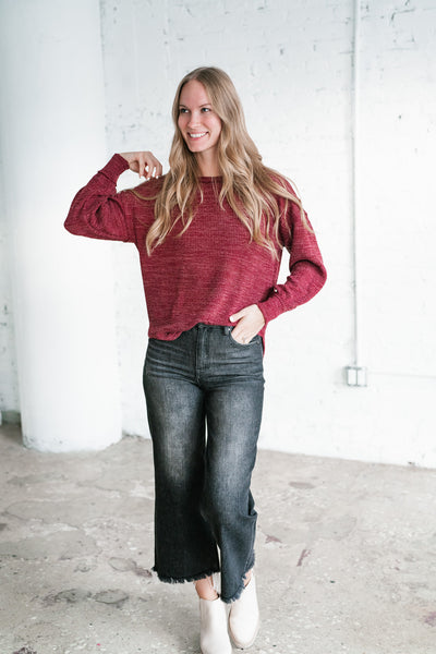 Simply Essential Ribbed Long Sleeve Top - Burgundy