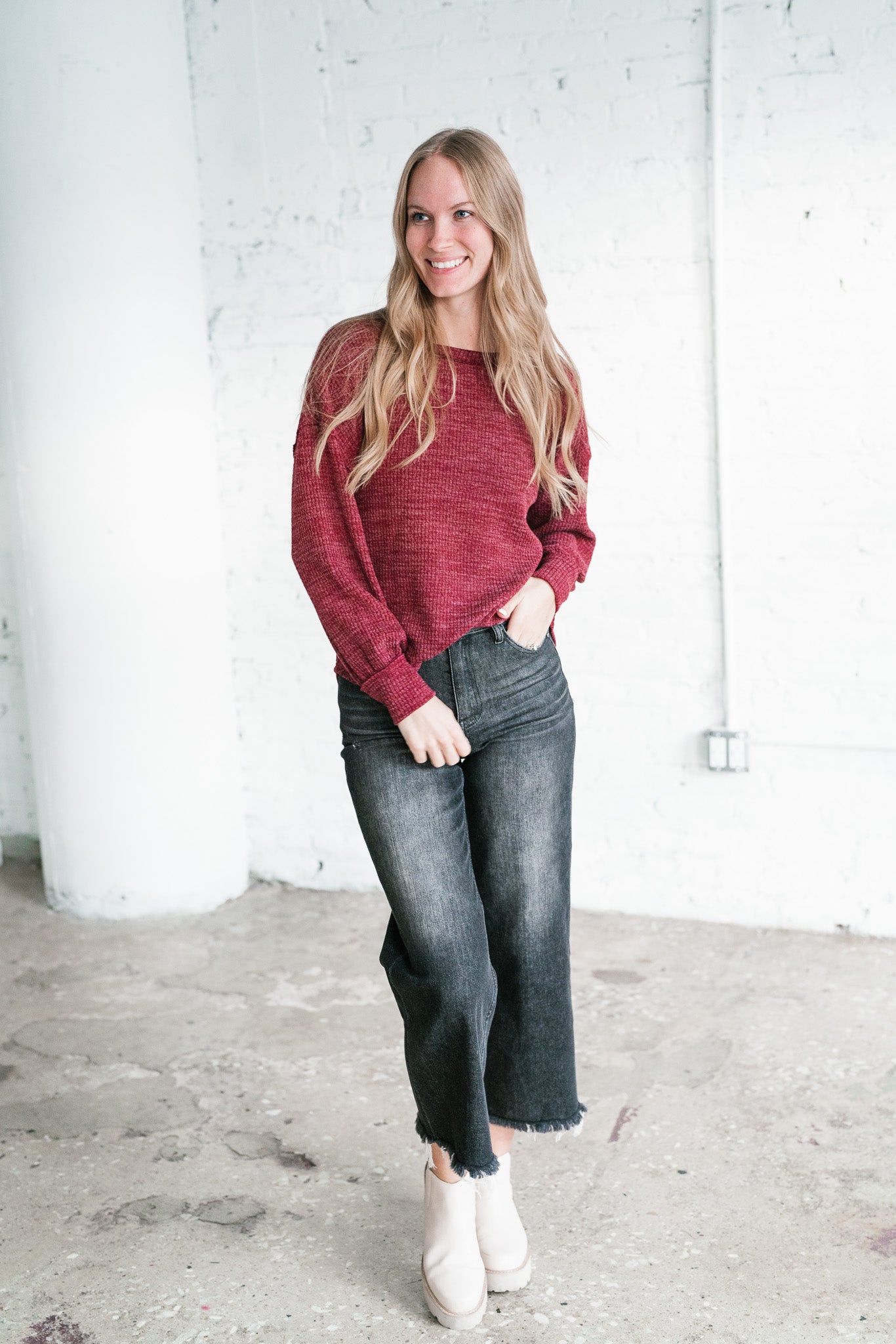 Simply Essential Ribbed Long Sleeve Top - Burgundy