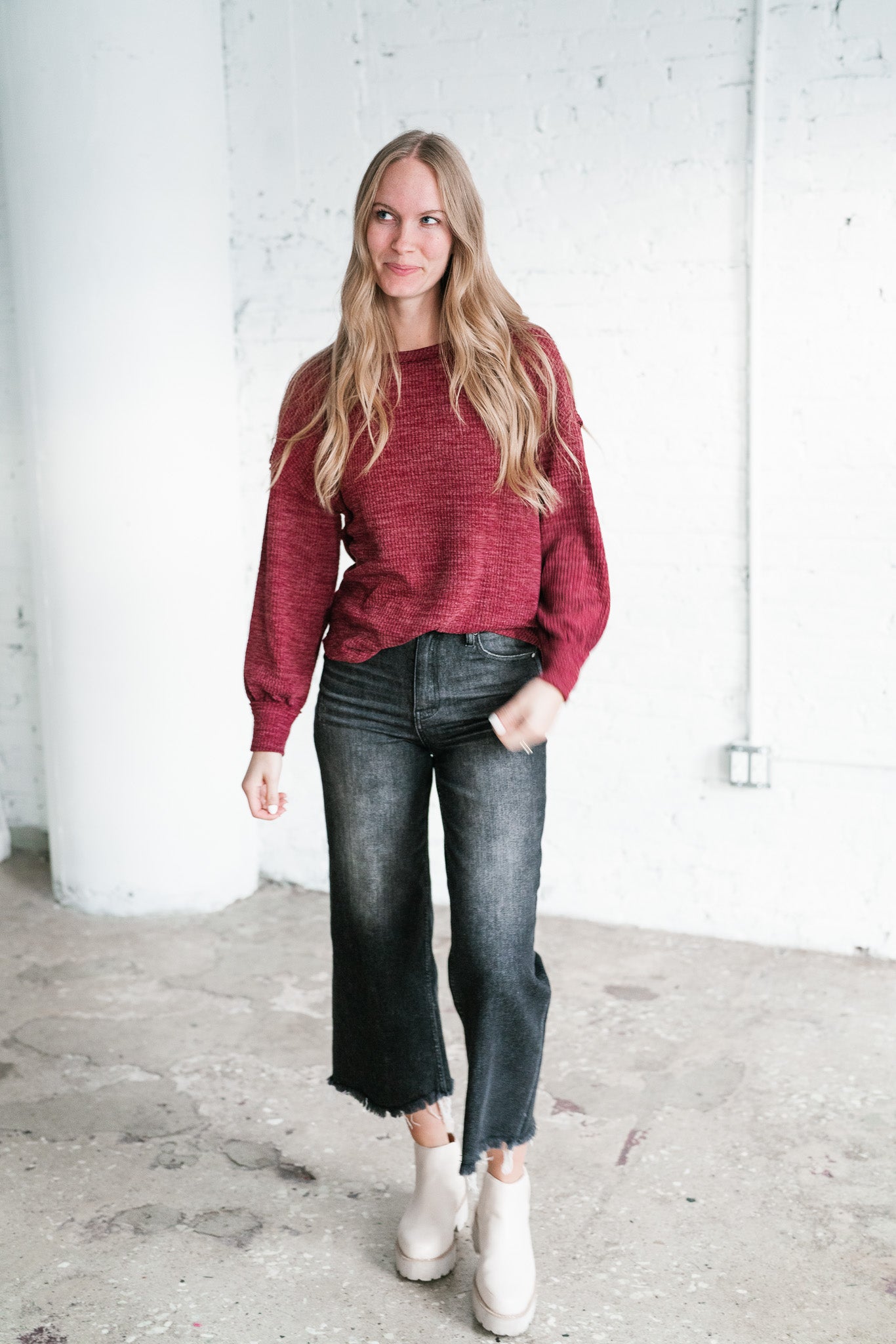 Simply Essential Ribbed Long Sleeve Top - Burgundy