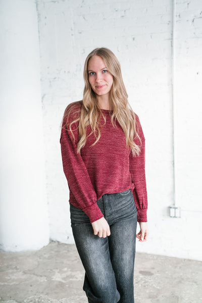 Simply Essential Ribbed Long Sleeve Top - Burgundy