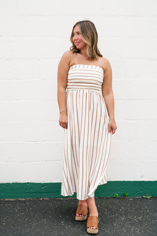 Timeless Neutral Stripe Strapless Dress