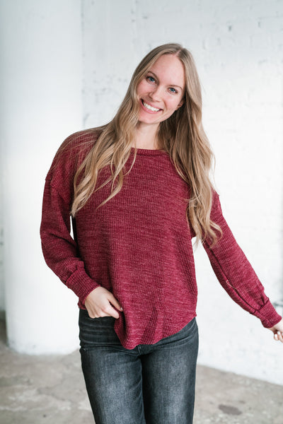 Simply Essential Ribbed Long Sleeve Top - Burgundy