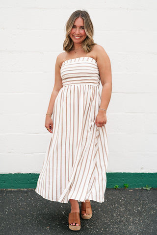 Timeless Neutral Stripe Strapless Dress