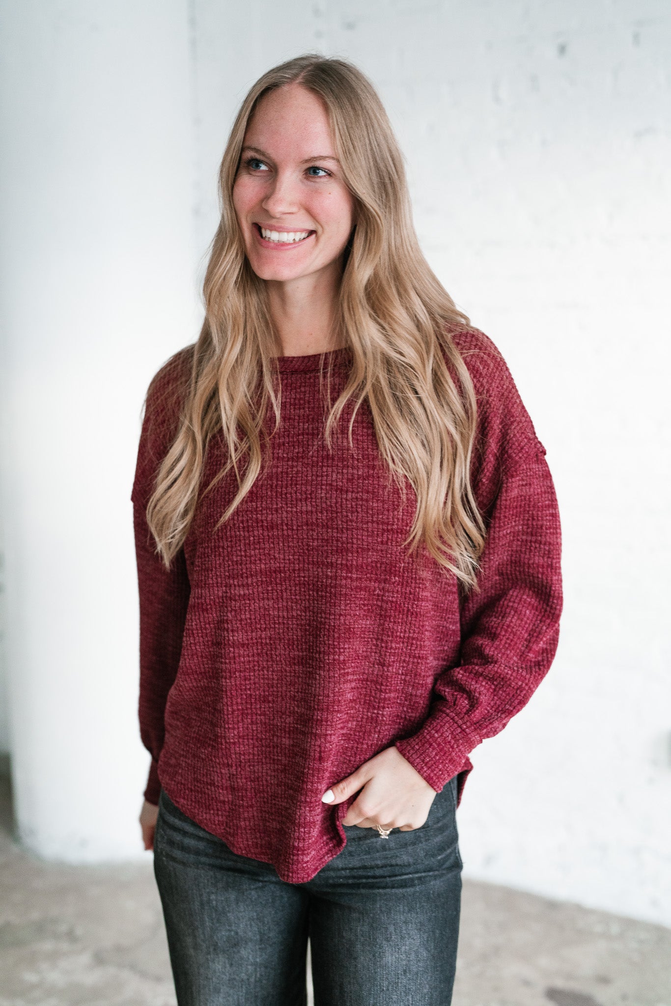 Simply Essential Ribbed Long Sleeve Top - Burgundy