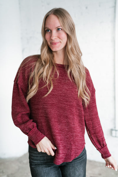 Simply Essential Ribbed Long Sleeve Top - Burgundy