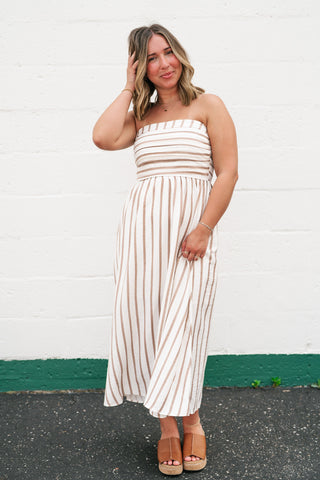 Timeless Neutral Stripe Strapless Dress