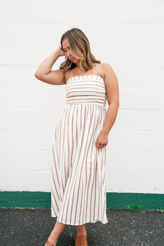 Timeless Neutral Stripe Strapless Dress